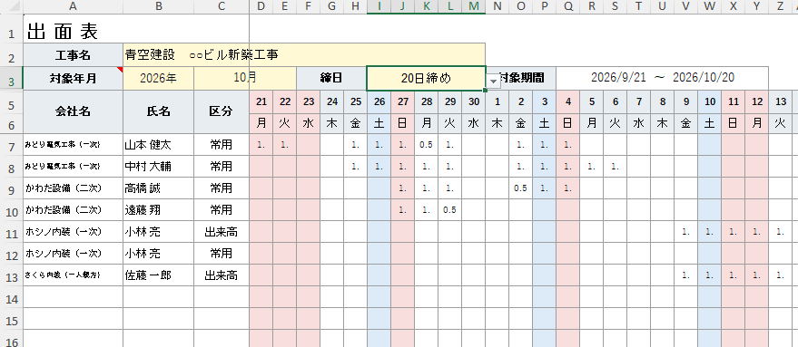 出面表テンプレートの20日締め表示画面